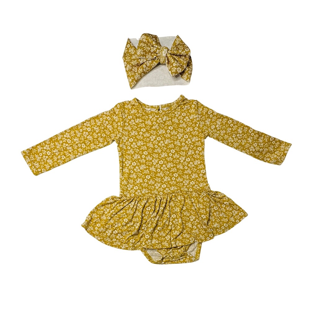 Little Bum Bums Golden Poppies Twirl Dress Bodysuit w/Headwrap‎ 2T Prairie